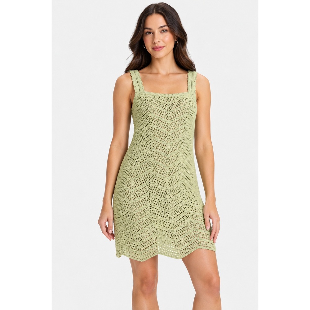 A New Day Women Sage Green Crochet Chevron Mini Dress Square Neck Size S NEW